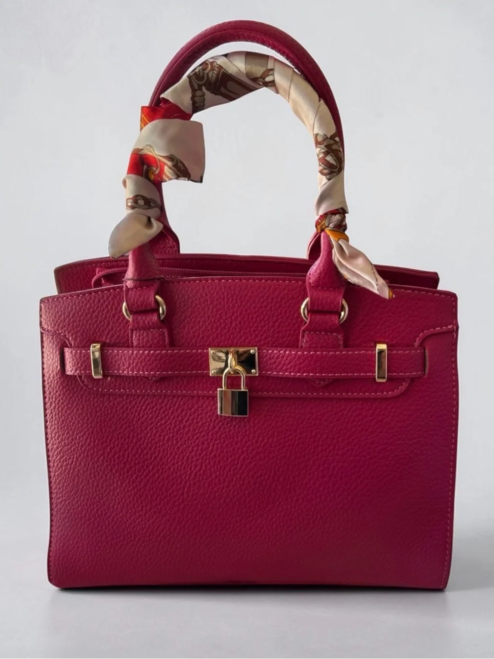Structured Fuchsia Satchel Handbag with Scarf-Wrapped Handle